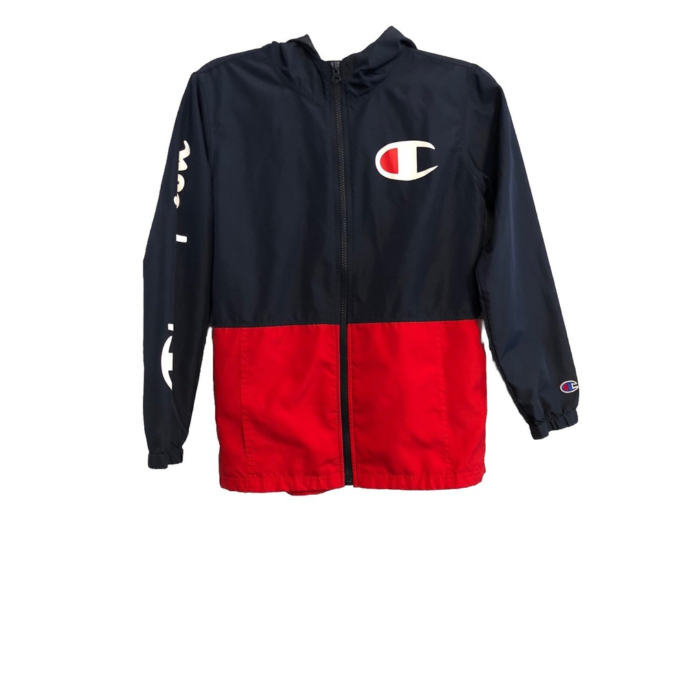 Champion Jacket Youth Medium Windbreaker Full Zip M Red Blue Pockets SMALL FLAW